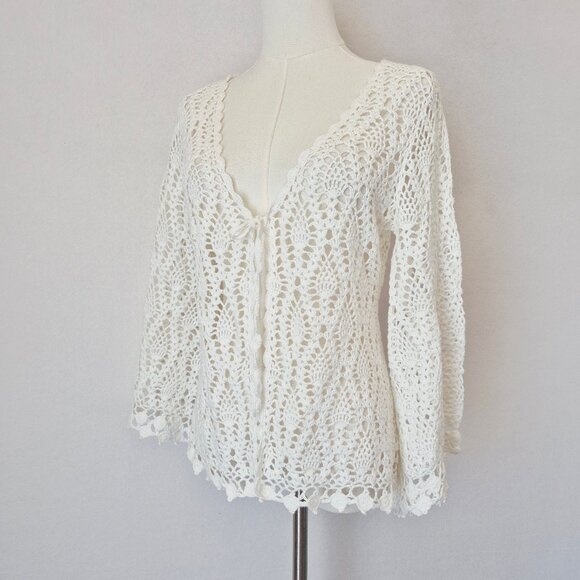 EXPRESS Handknit Crochet Ramie Cotton Boho Cardigan Cover-Up Long Sleeve White - Picture 4 of 11